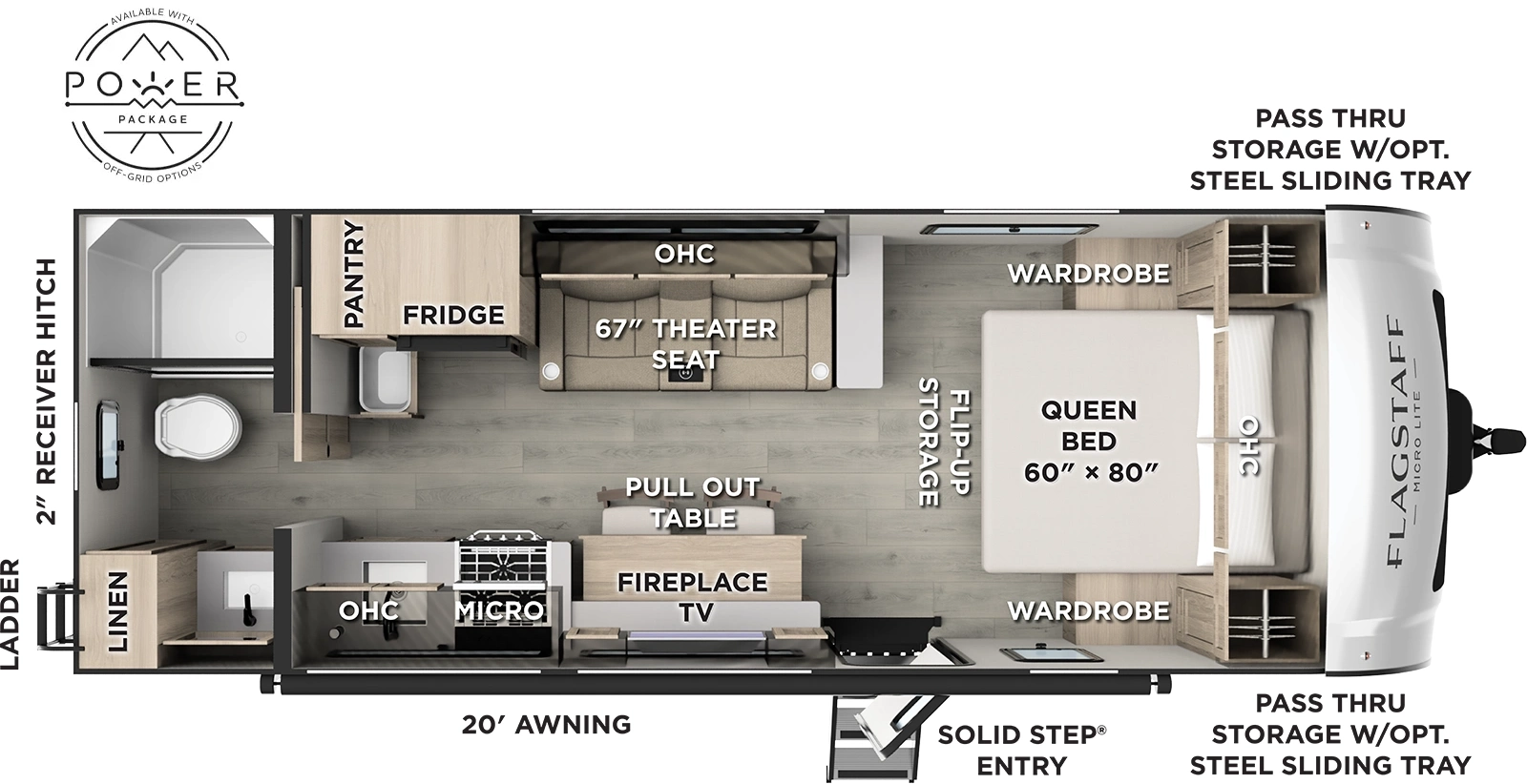 The Flagstaff Micro Lite 25FBT floorplan has one entry and zero slide outs. Exterior features include: fiberglass exterior and 20' awning. Interiors features include: front bedroom and rear bathroom.